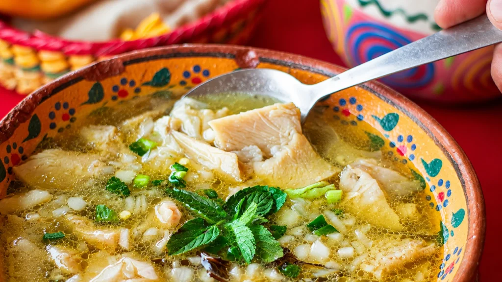 Traditional Mexican chicken soup with tender chicken, hominy, green onions and fresh herbs in a colorful ceramic bowl at Cuates y Cuetes in Puerto Vallarta.