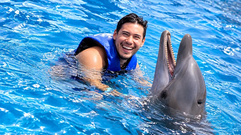 Smiling man wearing a blue life jacket interacting with a bottlenose dolphin in a bright blue pool at Dolphin Adventure in Nuevo Vallarta.