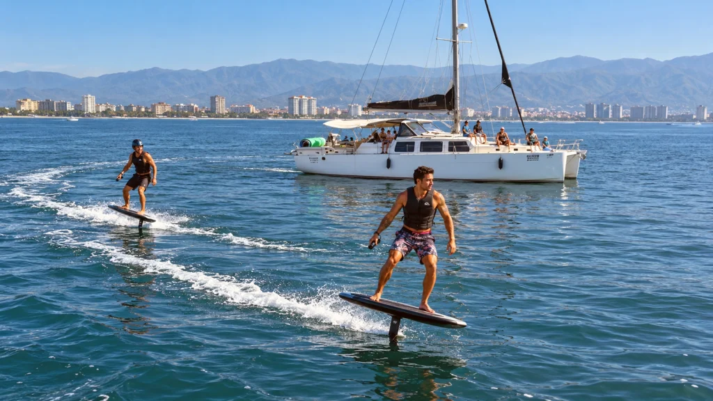 Two e-foil riders gliding above Banderas Bay during an Efoil Vallarta experience in Puerto Vallarta