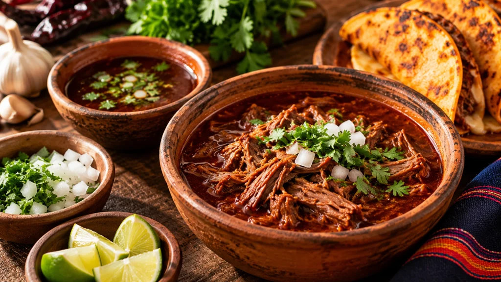 Traditional Mexican birria with consommé, grilled birria tacos, cilantro, onion and lime for a Puerto Vallarta cooking class