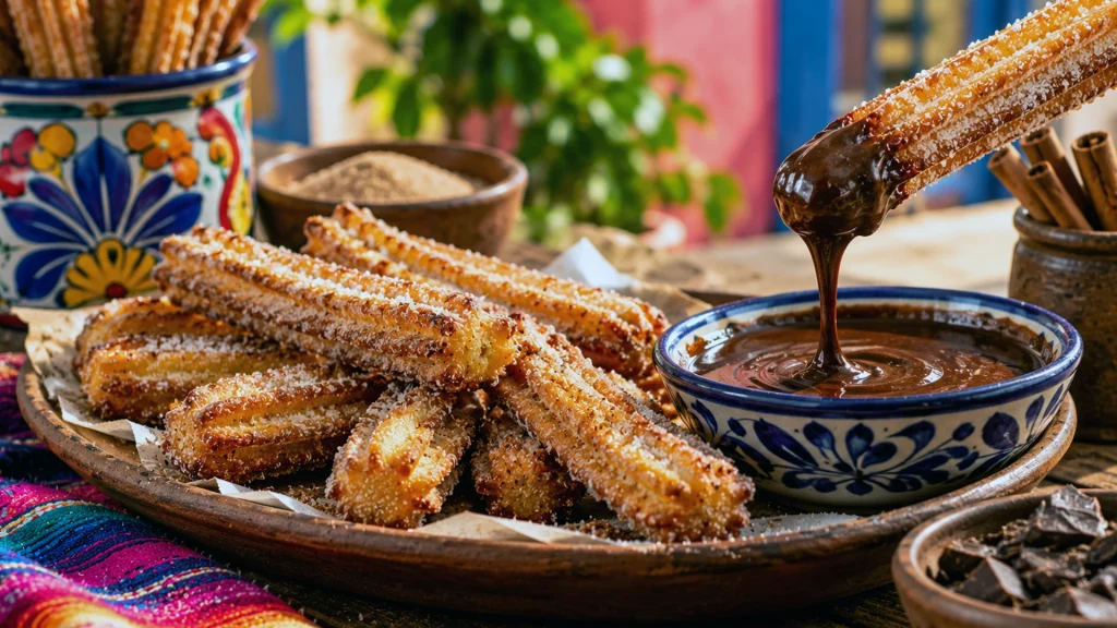 Fresh Mexican churros served with chocolate dipping sauce for the Hecho Aquí Churros Cooking Class in Puerto Vallarta