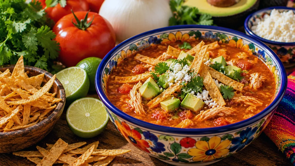 Mexican tortilla soup with crispy tortilla strips, avocado, cilantro and cheese at Hecho Aquí in Puerto Vallarta