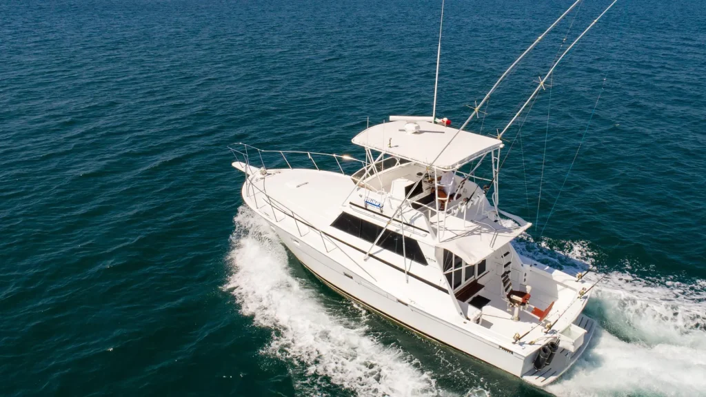 Aerial view of Isabella 44-foot Viking fishing yacht cruising Banderas Bay near Puerto Vallarta