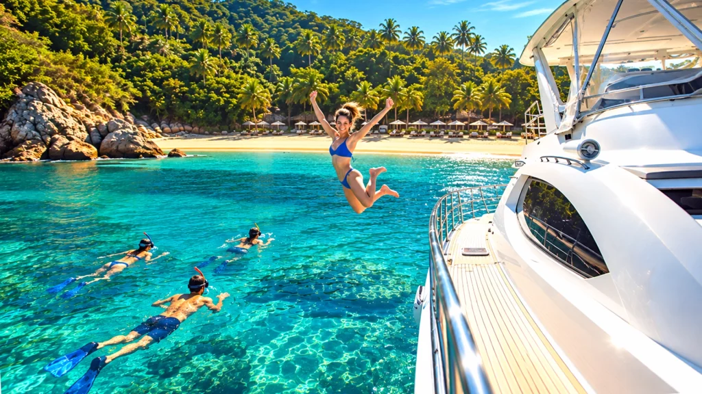 Guests swimming and snorkeling beside a luxury yacht at Majahuitas near Puerto Vallarta