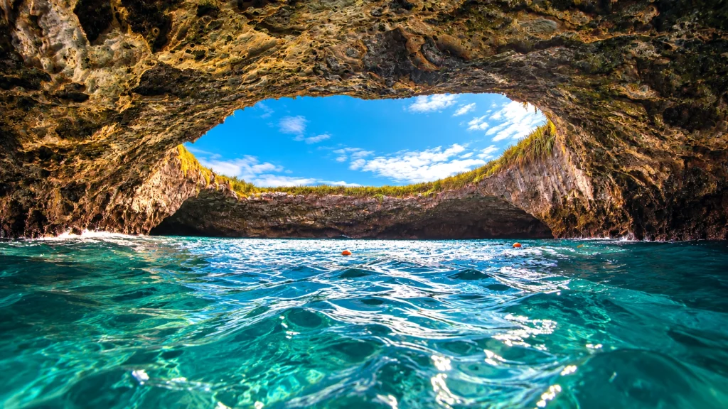 Water-level view inside a volcanic rock formation at the Marietas Islands near Puerto Vallarta