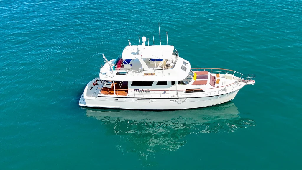 Aerial view of Mer-Sea 61-foot Hatteras motor yacht on Banderas Bay near Puerto Vallarta