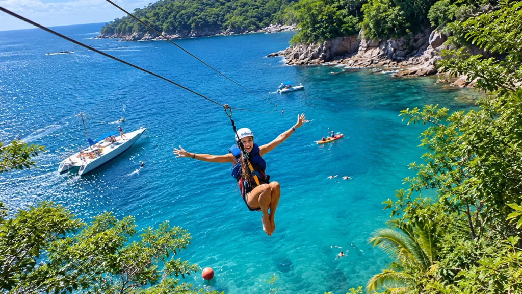 Woman wearing a helmet and safety harness ziplining above turquoise ocean water in Puerto Vallarta, with a sailing catamaran, kayakers and tropical coastline below.