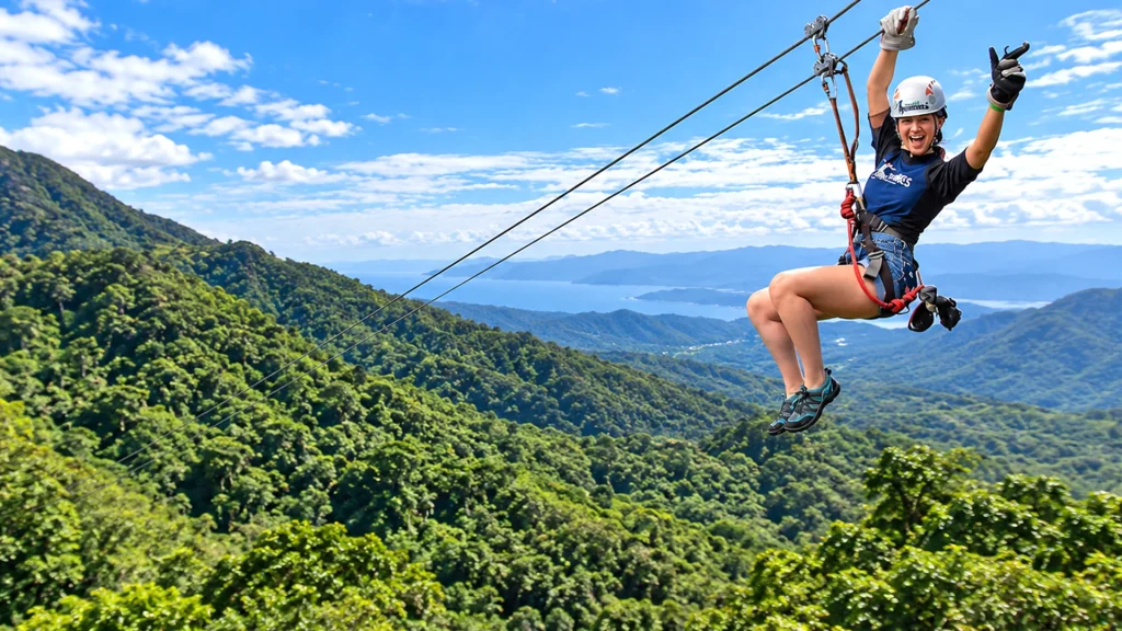 Woman ziplining high above the Sierra Madre jungle with mountain and Banderas Bay views near Puerto Vallarta