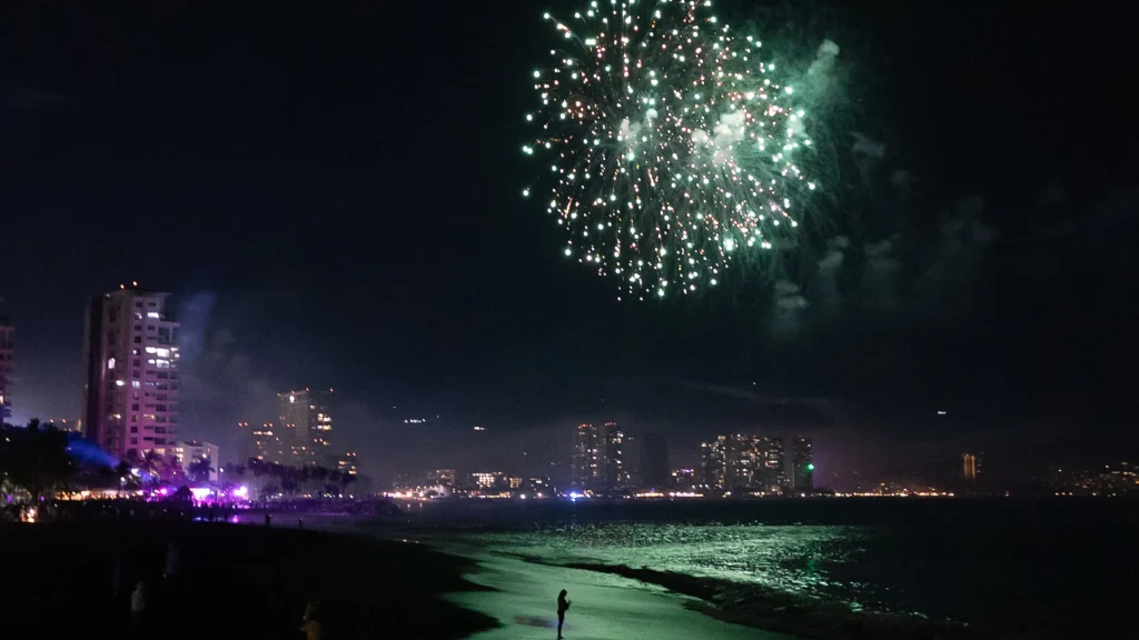 Fireworks over Puerto Vallarta for private yacht pyrotechnics charter add-on
