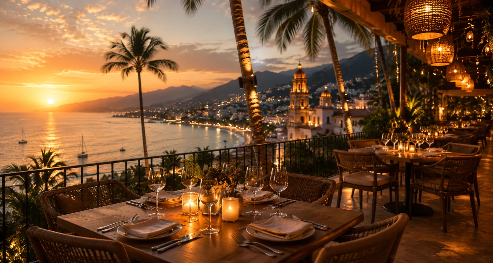 Luxury oceanfront restaurant overlooking Puerto Vallarta and Banderas Bay at sunset.