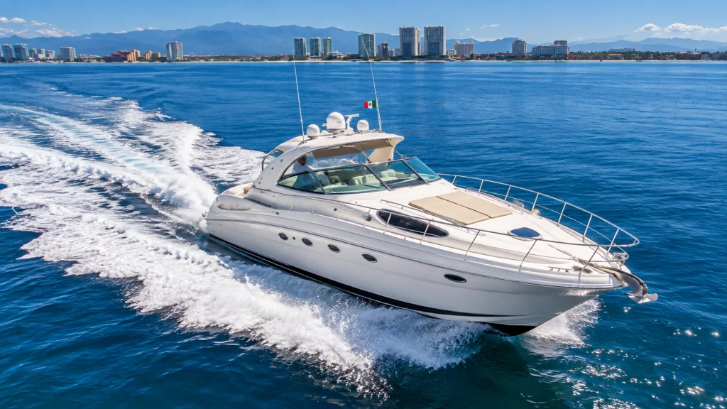 Ra 60-foot Sea Ray Sundancer motor yacht cruising Banderas Bay in Puerto Vallarta