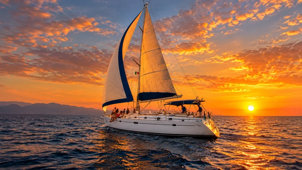 Sailing yacht with guests cruising Banderas Bay at sunset in Puerto Vallarta